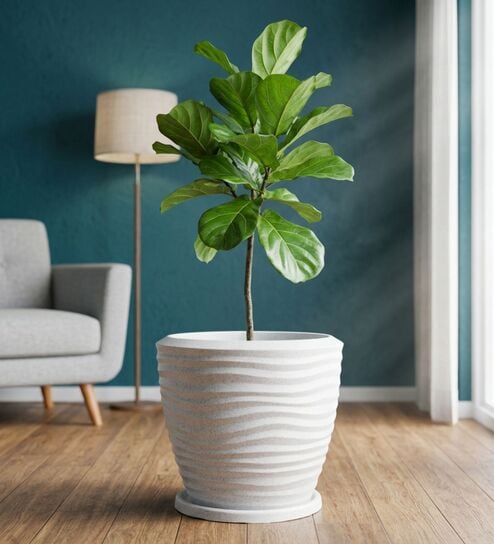 WPC Marble White 15 Inch German Polymer Round Plant Container With Saucer