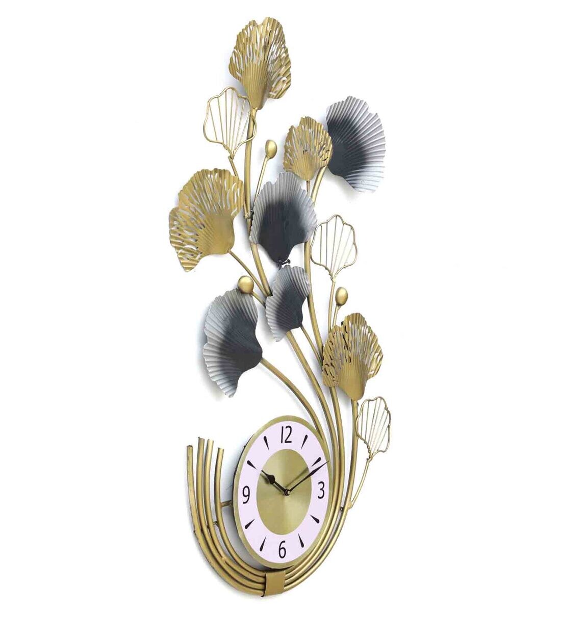 Buy Wrought Iron Grey And Golden Floral Wall Clock By Ganeshay Textiles