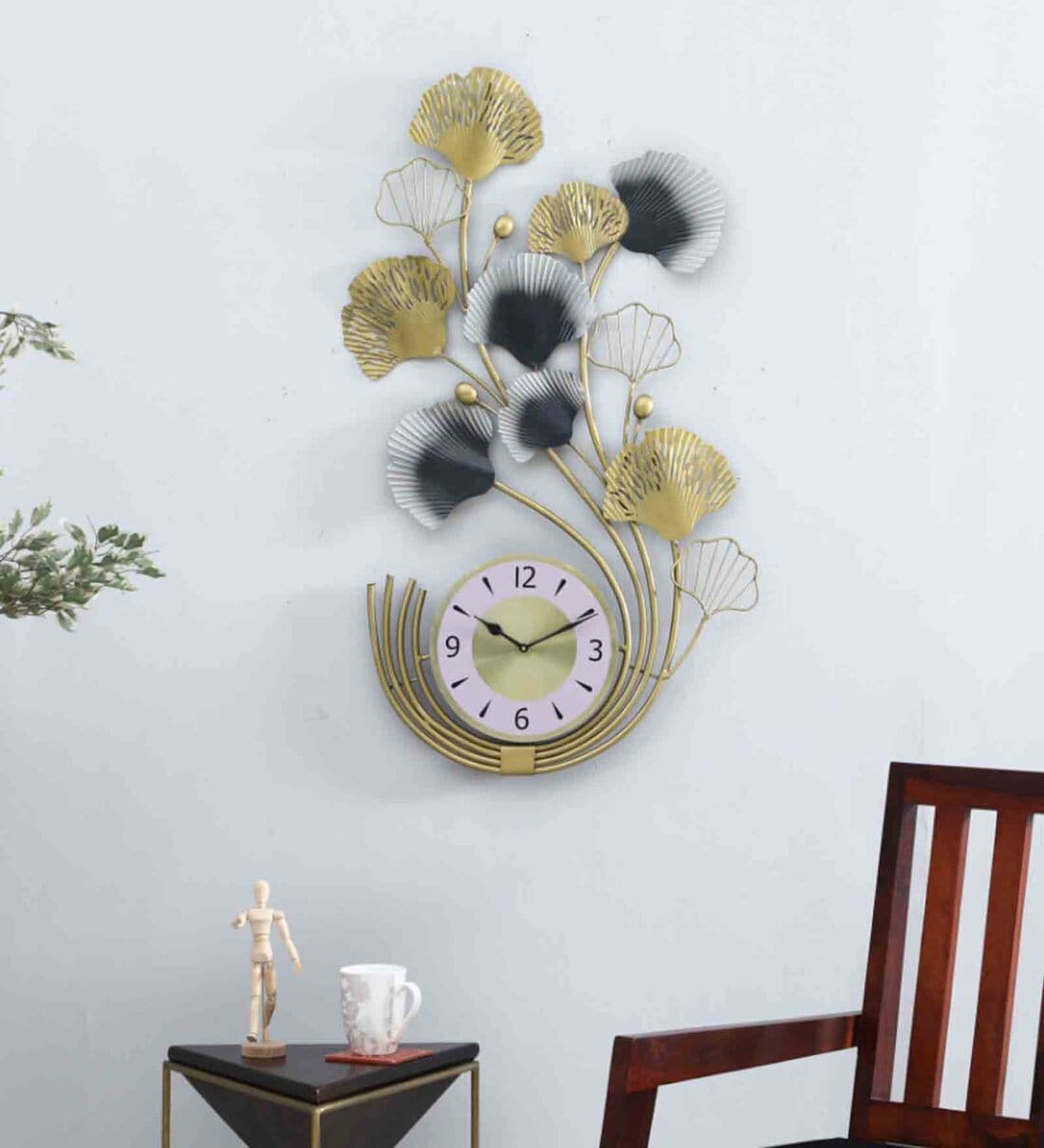 Buy Wrought Iron Grey And Golden Floral Wall Clock By Ganeshay Textiles
