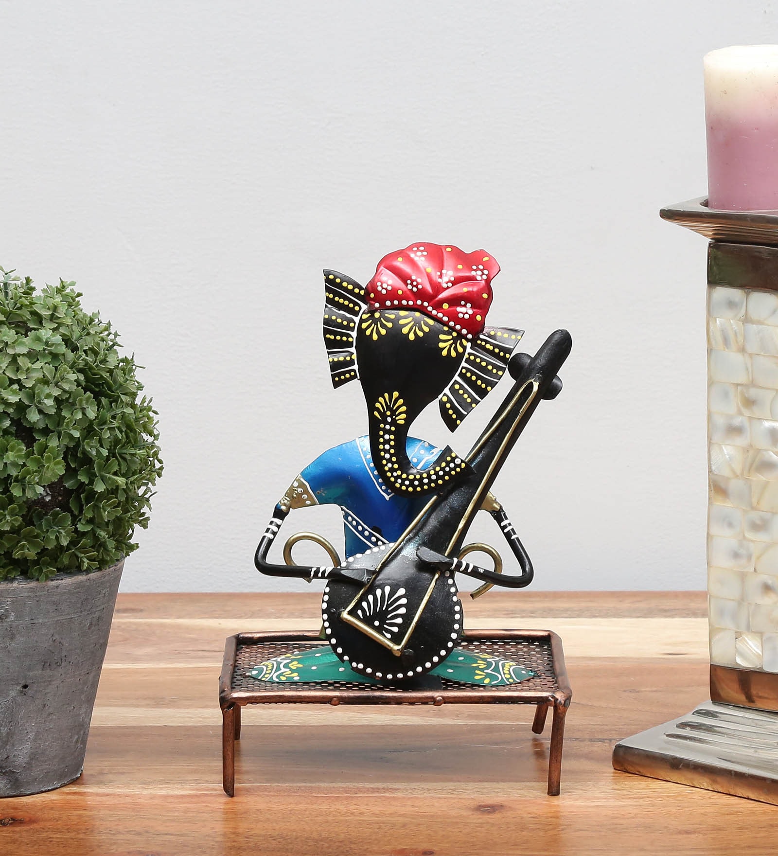 Wrought Iron Guitar Ganesha Figurines In Multicolour