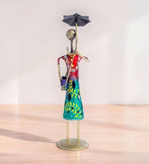 Wrought Iron Handcrafted Lady with Umbrella Multicolor Figurine