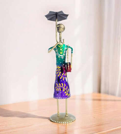 Wrought Iron Handcrafted Lady with Umbrella Multicolour Figurine