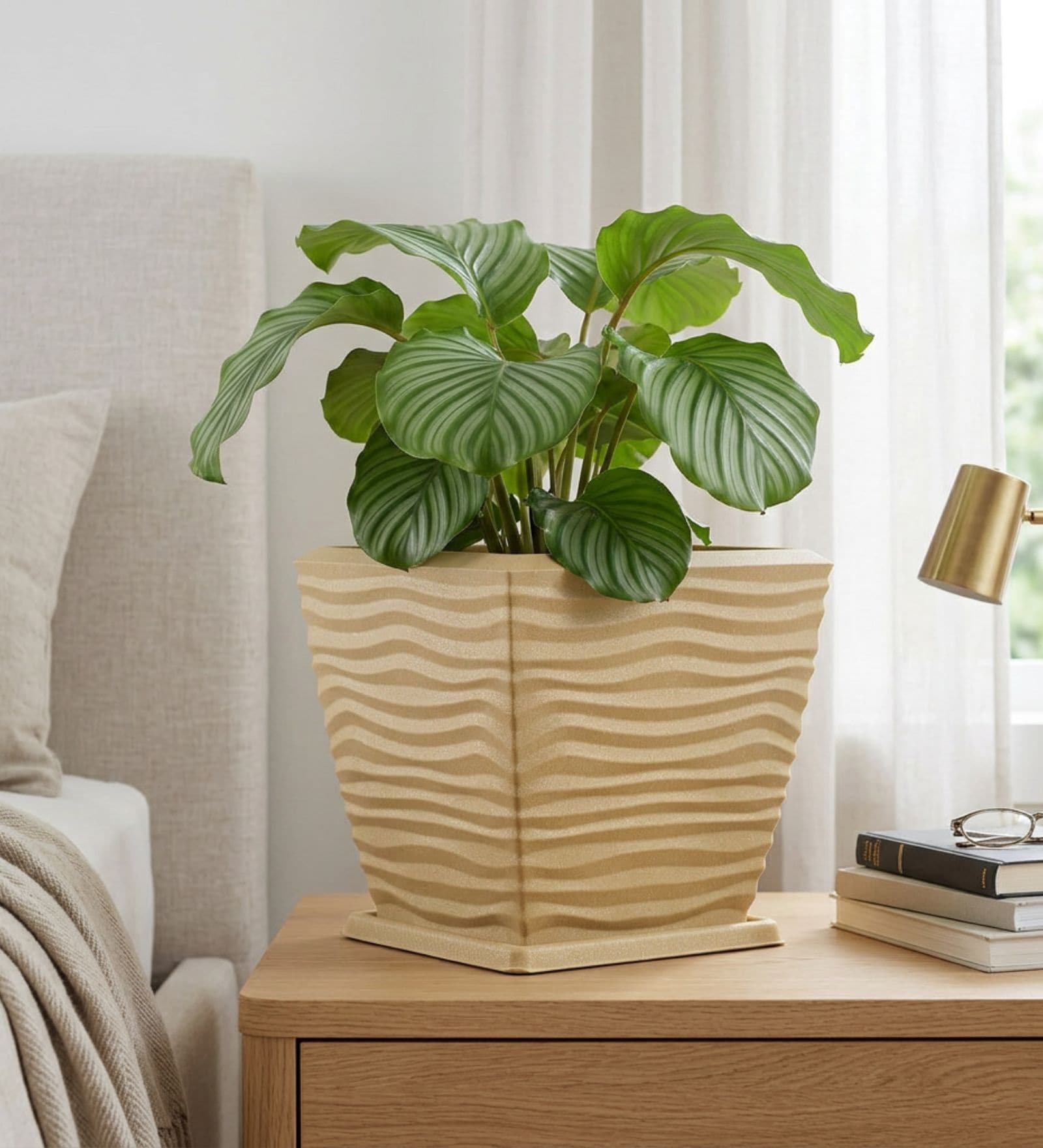 WTK Beige 12 Inch German Polymer Square Plant Container With Saucer