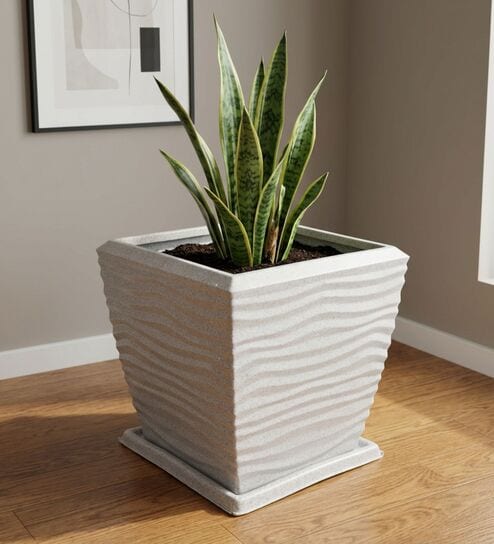 WTK Marble White 12 Inch German Polymer Square Plant Container With Saucer