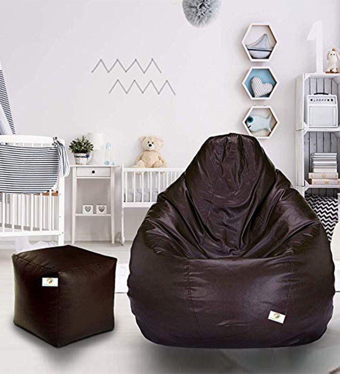 Buy XXXL Bean Bag & Footstool with Beans in Brown Colour by Aarij Mart