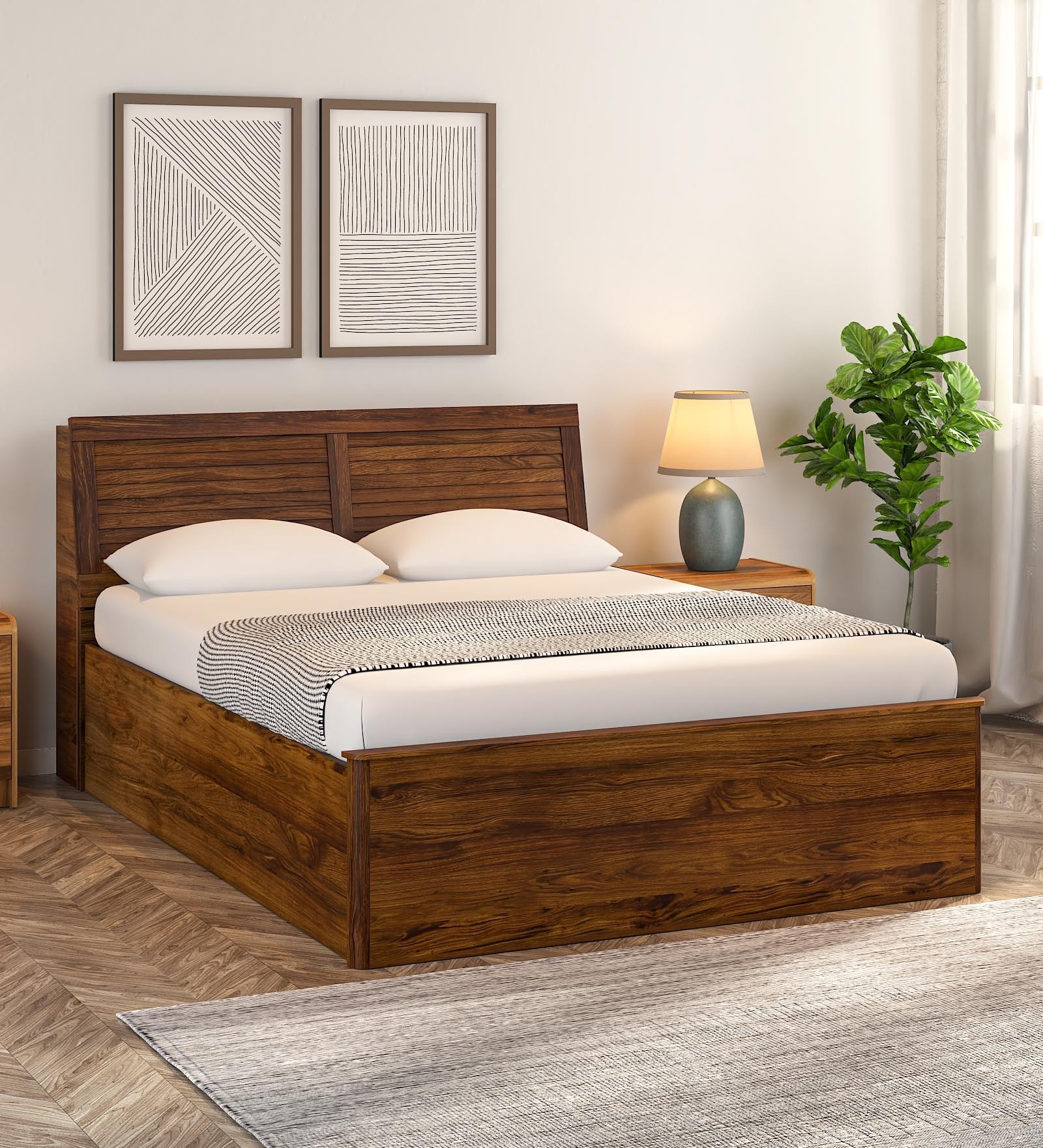 Buy Yamato Queen Size Bed in Columbia Walnut Finish with Box Storage at