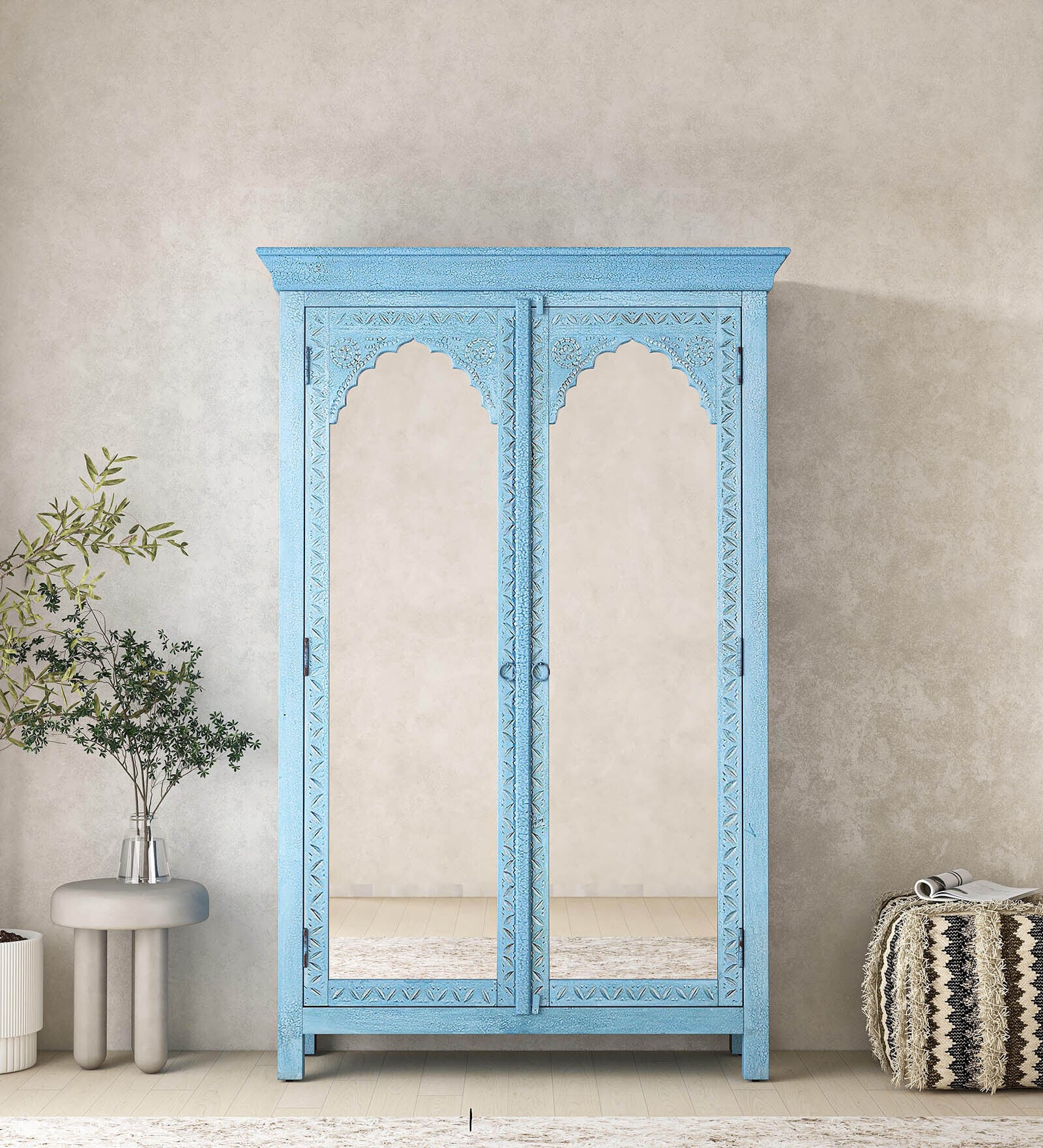 Yardbirds Solid Wood 2 Door Wardrobe In Distress Blue Colour With Mirror