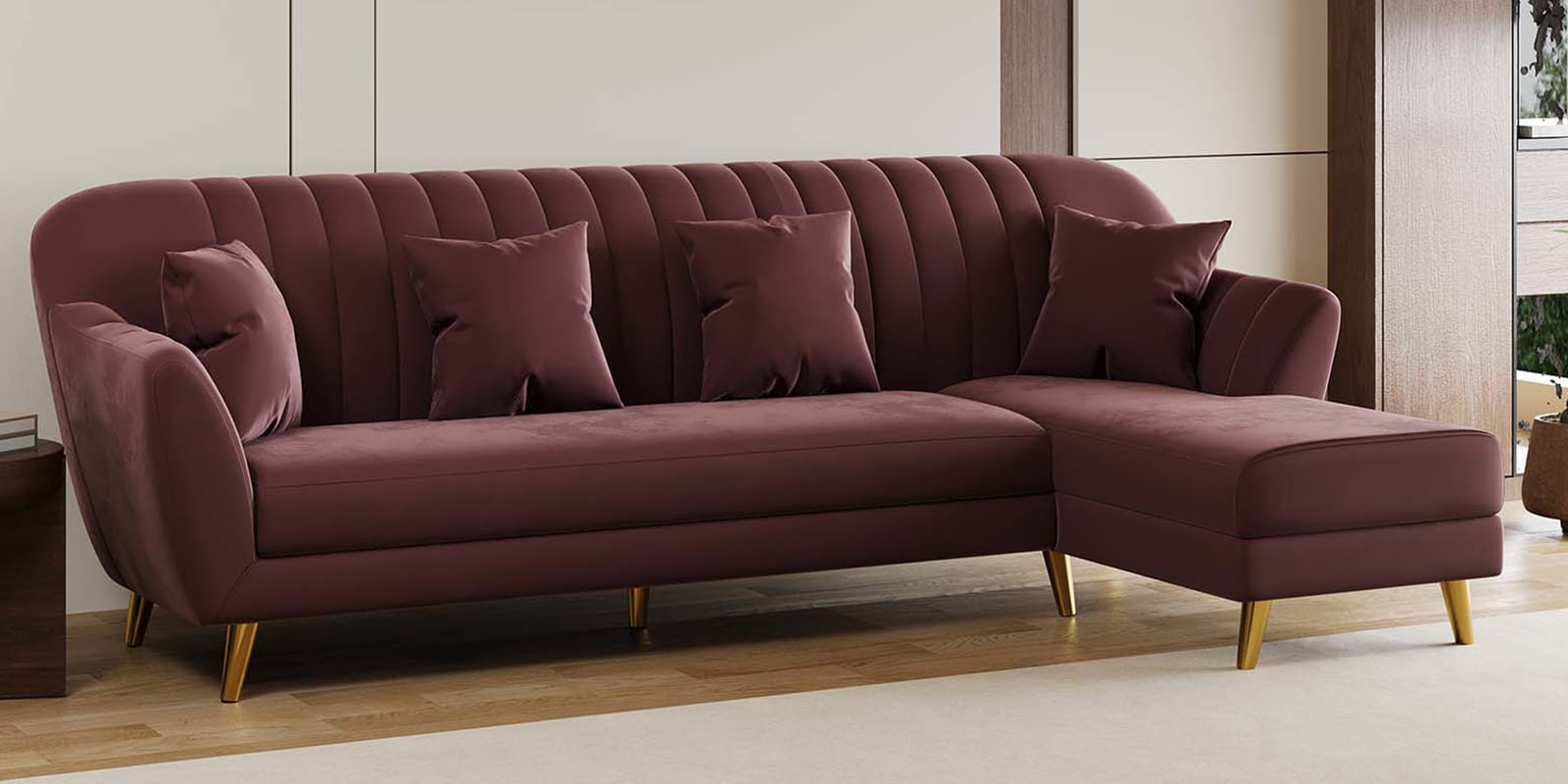 Yardley Velvet Fabric LHS Sectional Sofa (3 + Lounger) in Wine Red Color