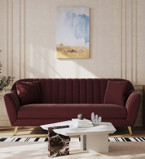 Yardley Velvet Fabric 3 Seater Sofa in Wine Red Color