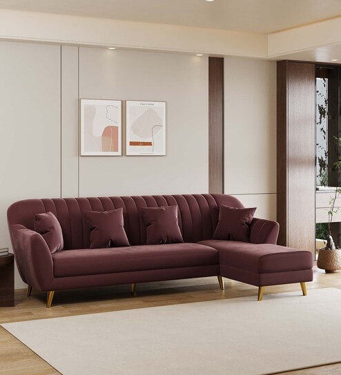 Yardley Velvet Fabric LHS Sectional Sofa (3 + Lounger) in Wine Red Color