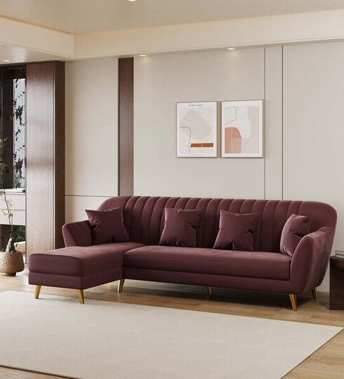 Yardley Velvet Fabric RHS Sectional Sofa (3 + Lounger) in Wine Red Color