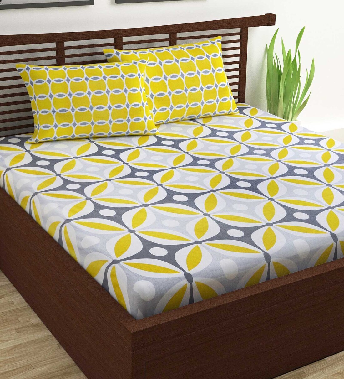 Buy Yellow & Grey Geometric 144 TC 100 Cotton Double Bedsheet With 2 Pillow Covers Modern