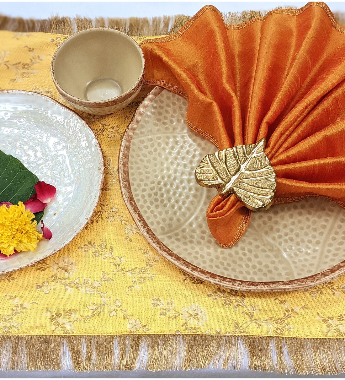 Buy Yellow & Orange Silk 41 Pcs (12 Seater) Table Linen Set by VPOP