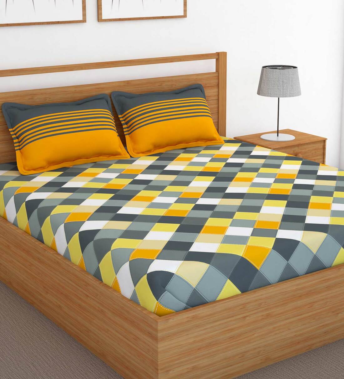 Buy Yellow 120 TC 100 Cotton Double Bedsheet 2 Pillows covers Candy