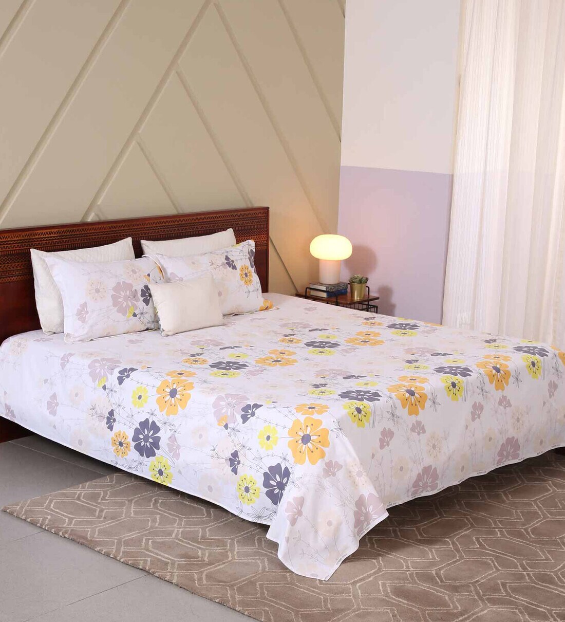 Buy Yellow Floral 120 TC Cotton Double Bedsheet 2 Pillow cover Mystic