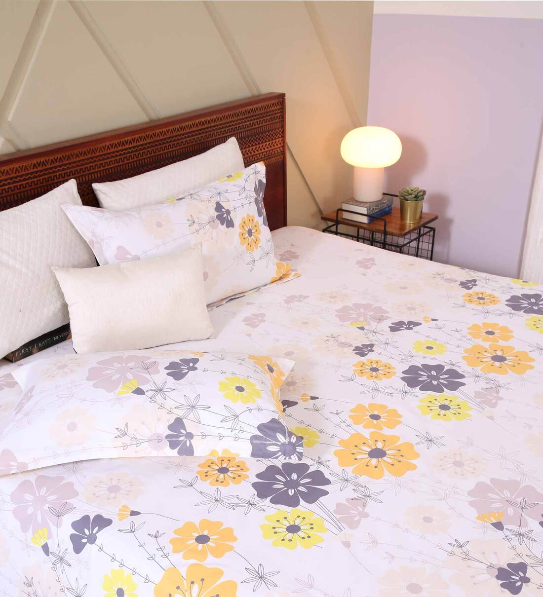 Buy Yellow Floral 120 TC Cotton Double Bedsheet 2 Pillow cover Mystic