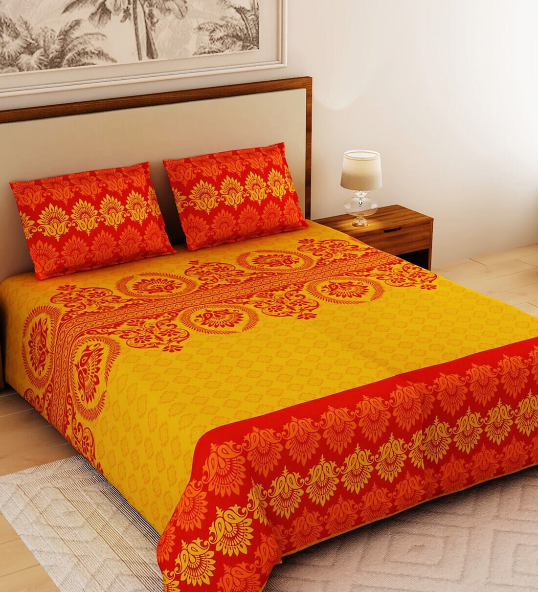 Buy Yellow Traditional 120 TC Cotton King Sized Bed Sheets with 2