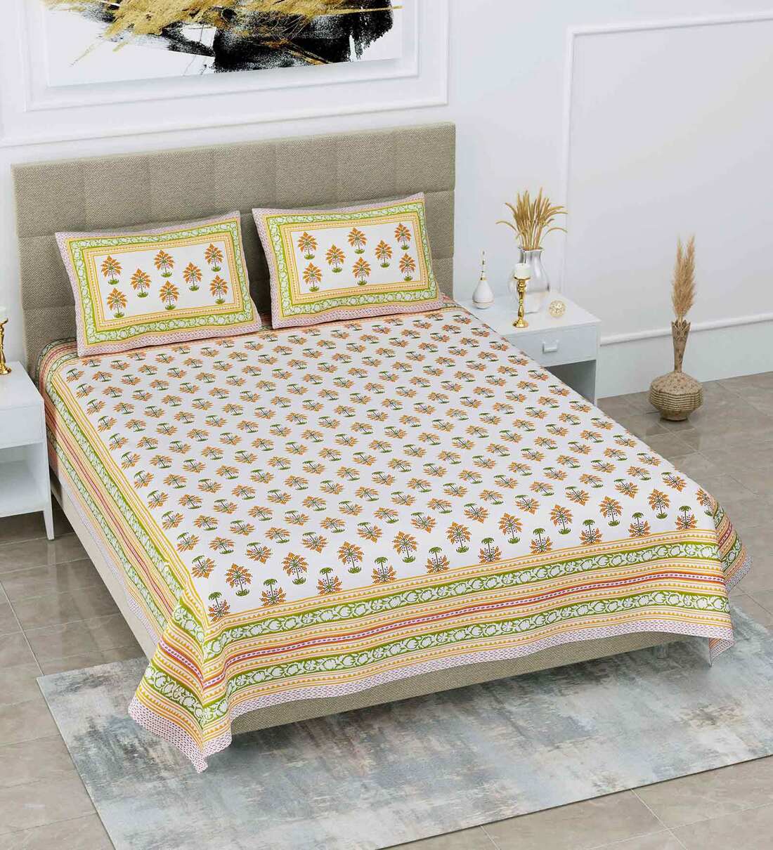 Buy Yellow Abstract 108 TC King Size Cotton Bedsheet By Poorak Online