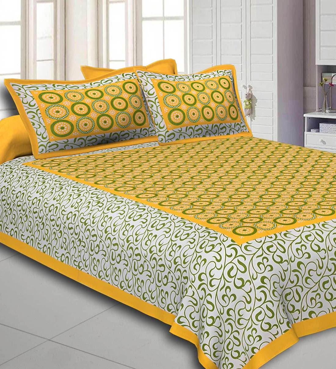 Buy Yellow Traditional 300 Tc Cotton 1 Double Bedsheet With 2 Pillow