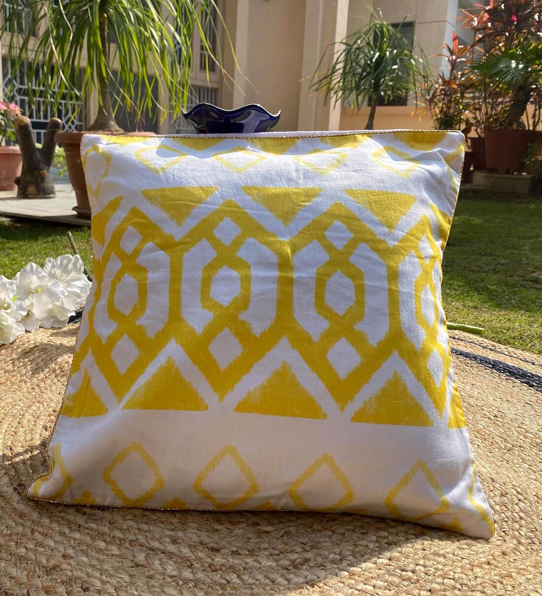 Buy Yellow Cotton Floral 16x16 Inches Cushion Cover by Belly Cheer Online Traditional Print