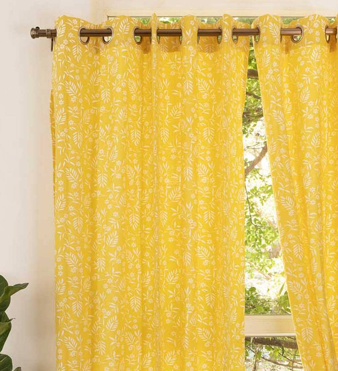 Buy Yellow Floral Cotton 7.5 Ft Semisheer Eyelet Door Curtain by The