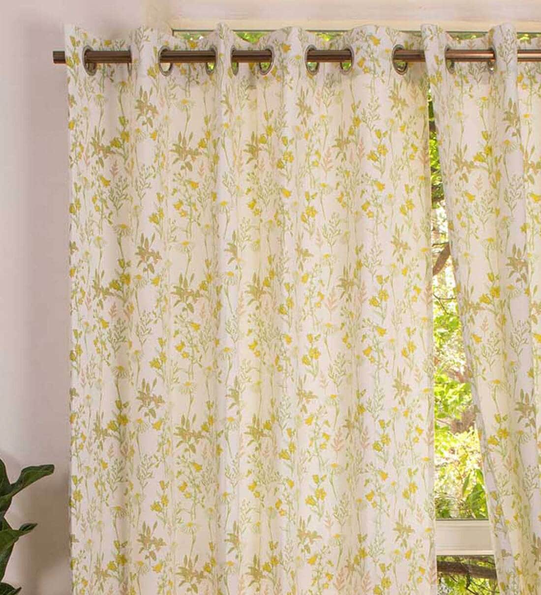 Buy Yellow Floral Cotton 7.5 Ft Semisheer Eyelet Door Curtain by The