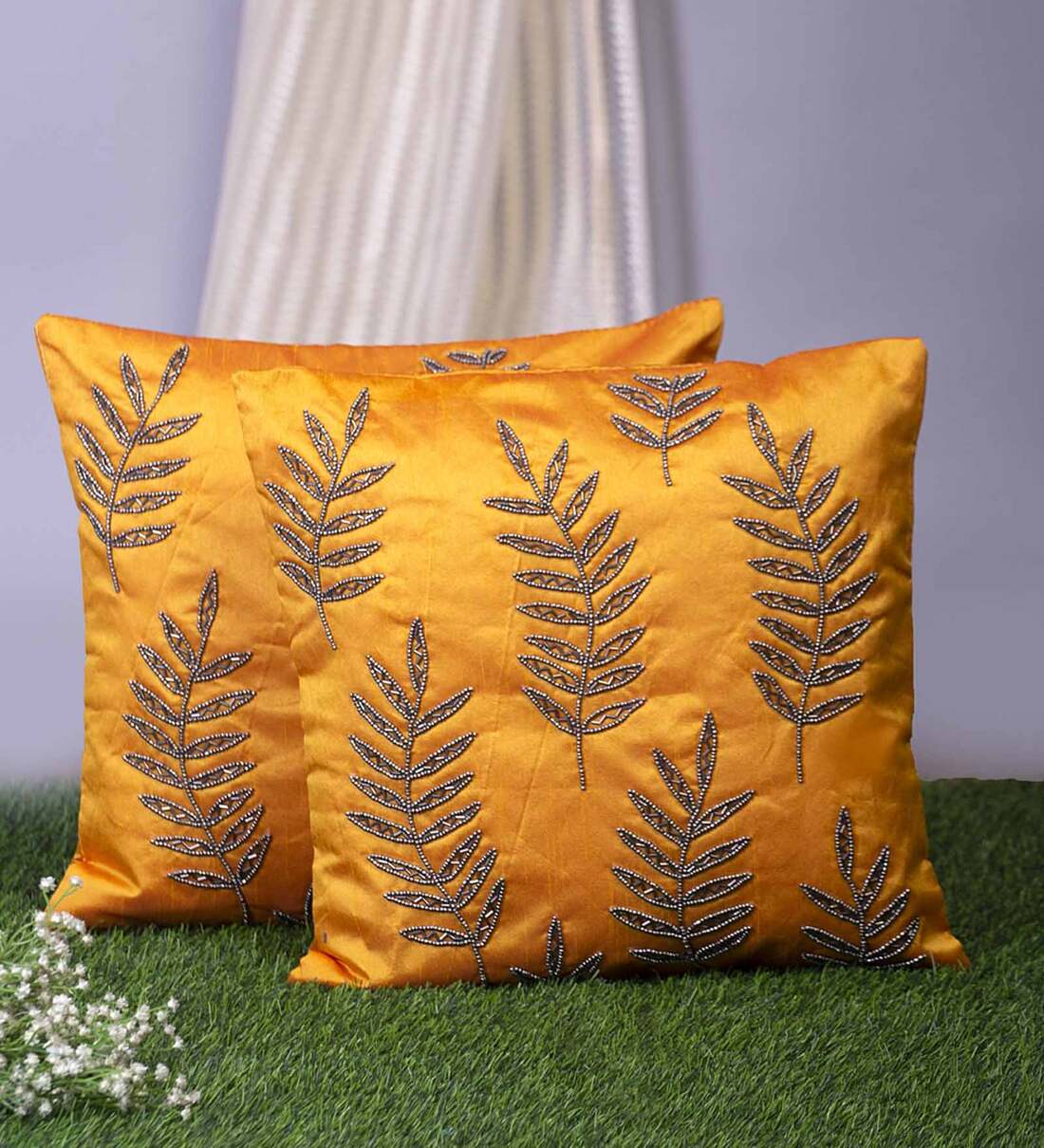 Buy Yellow Embroidered ( Set of 2 ) Cushion covers 16x16 Inch Alina decor by Alina Decor Online