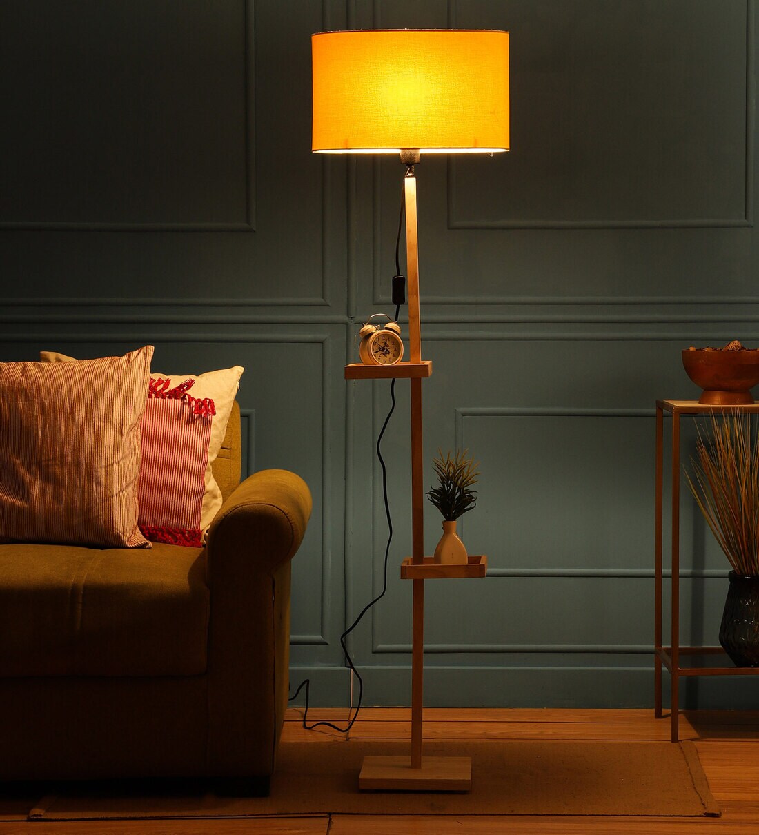 Buy Damien Yellow Fabric Shade Shelf Floor Lamp With Wood Base By