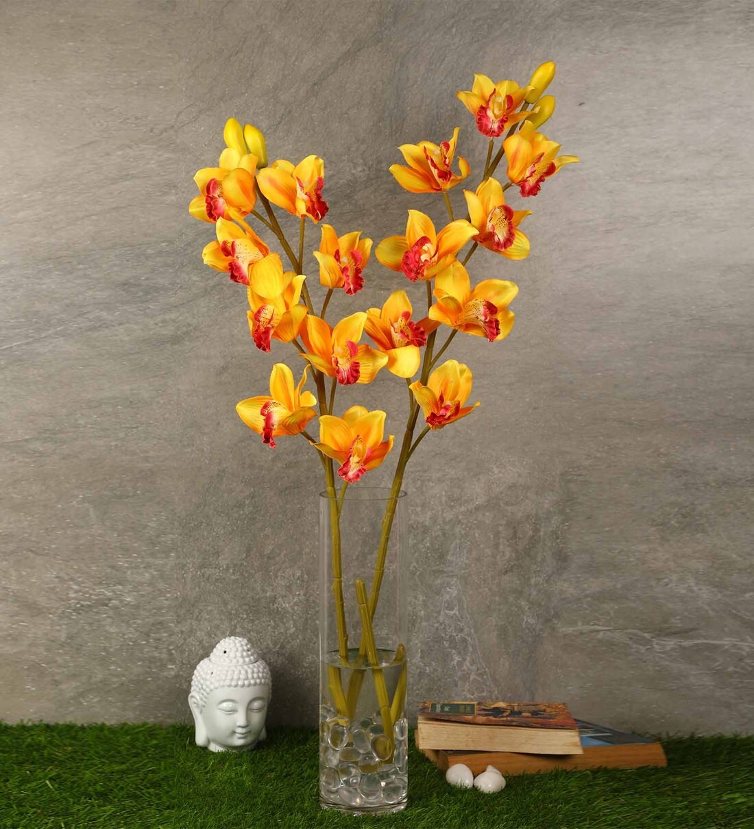 Buy Yellow Fabric Orchid Artificial Flower, Pack of 2 by Pollination at