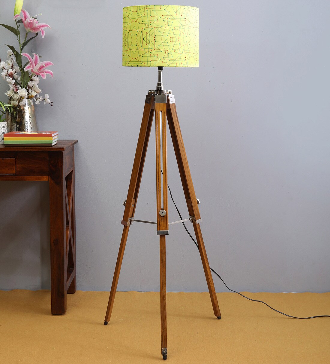 Buy Yellow Fabric Shade Tripod Floor Lamp with Brown Base by Beverly