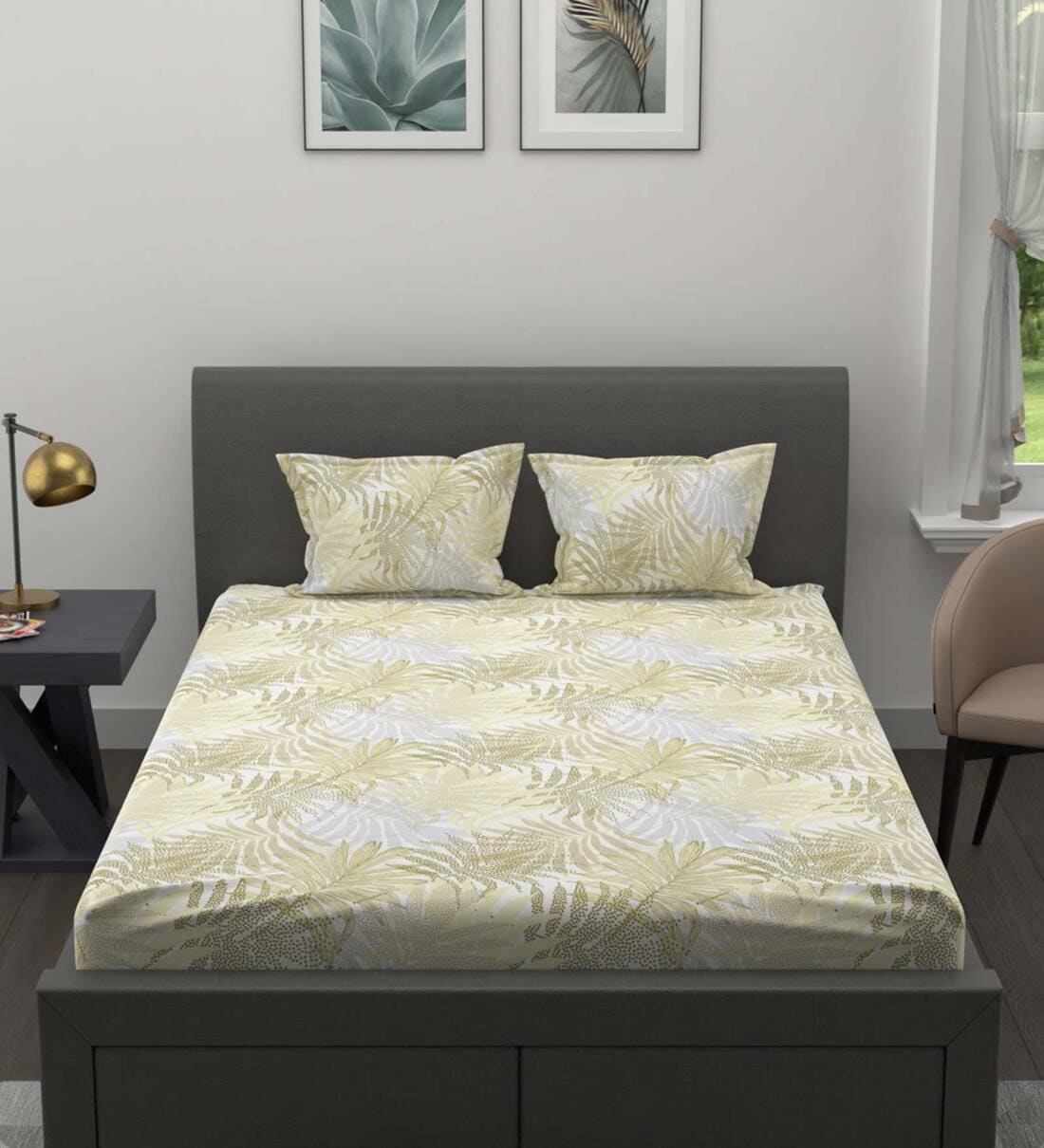 Buy Yellow Floral 200 TC Cotton King Sized Bed Sheets with 2 Pillow