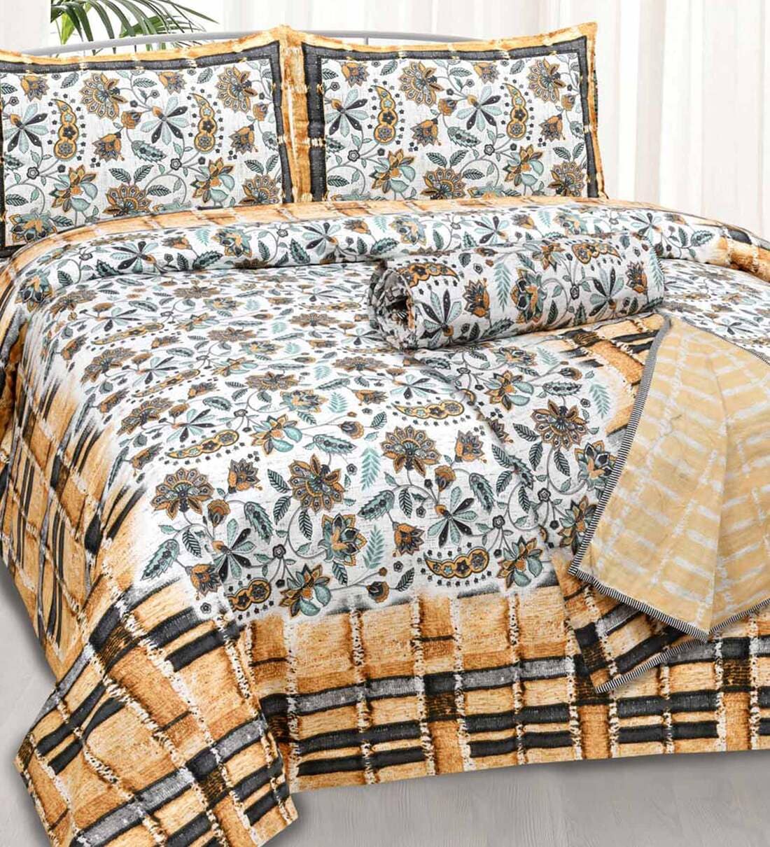 Buy Yellow Floral 210 TC Cotton 4 Pieces Bedding Gift Set by Jaipur