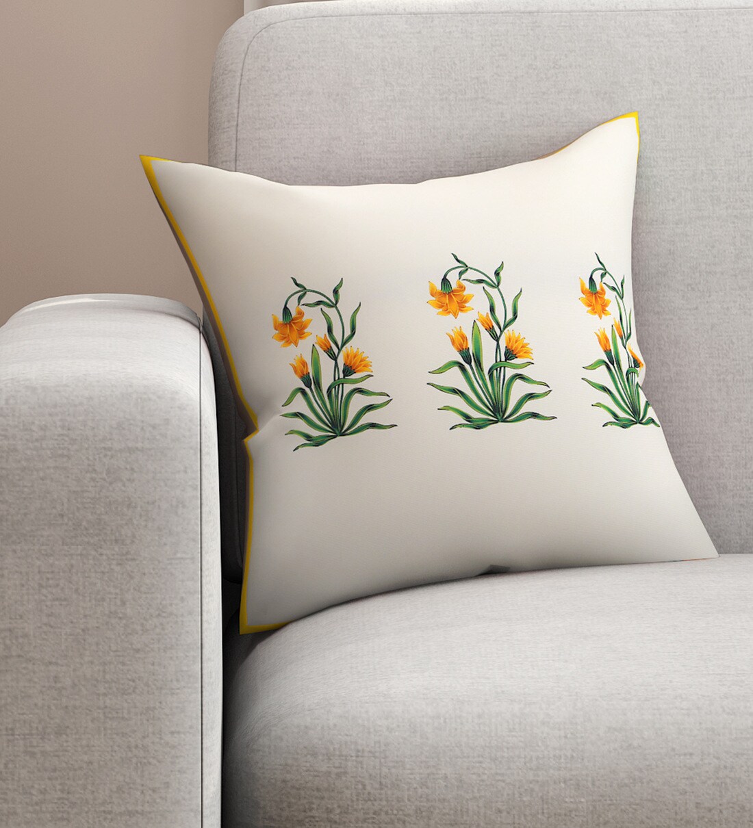 Buy Yellow & White Floral Poly Cotton 16 x 16 Inches Cushion Cover by