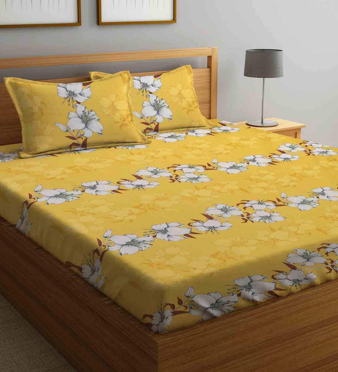 Buy Yellow Floral 210 TC Poly Cotton King Sized Bed Sheets with 2 Pillow Covers by Klotthe at 75
