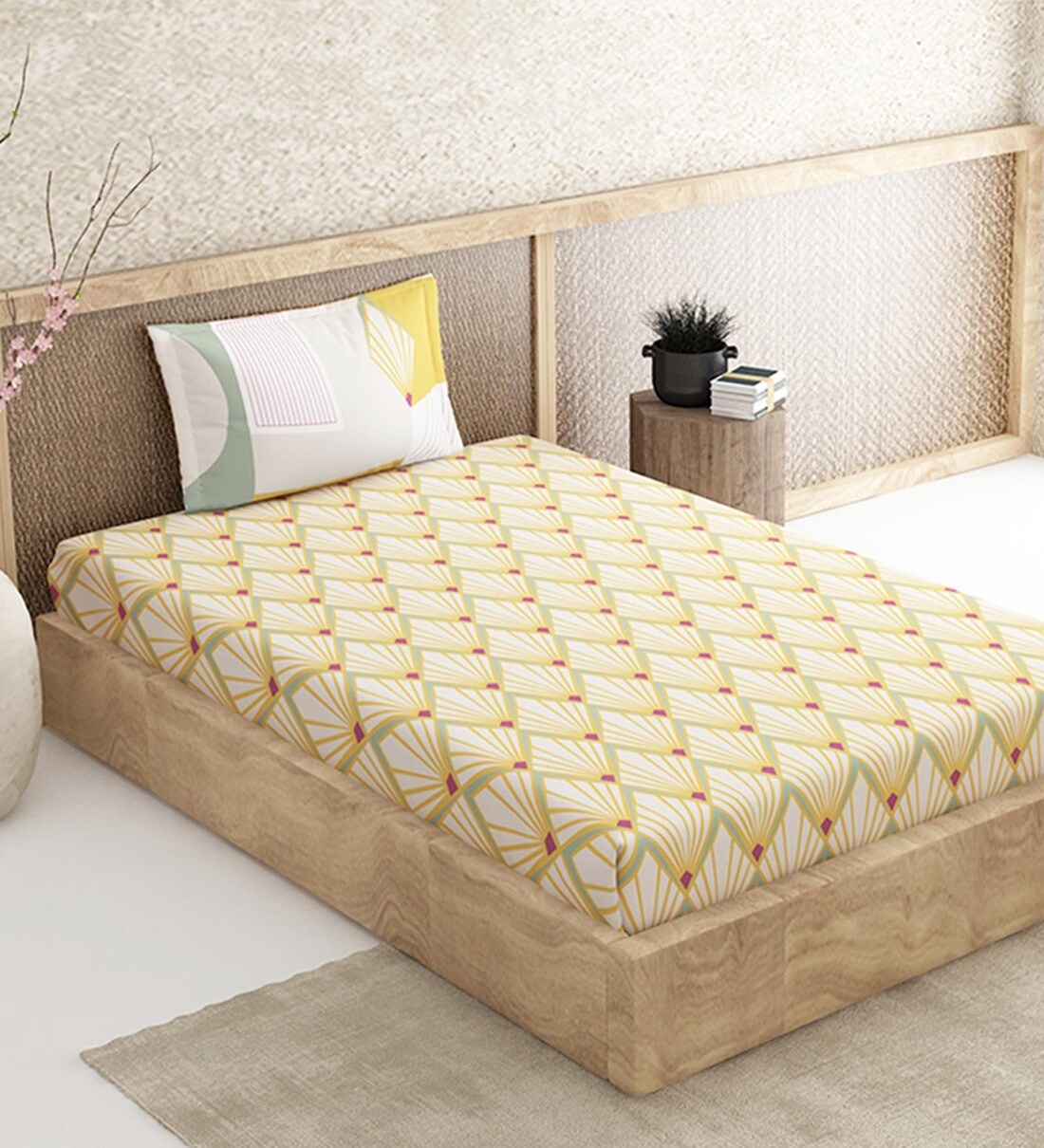 Buy Yellow Geomatrical 110 TC 100 Cotton Single Size Bedsheet With 1