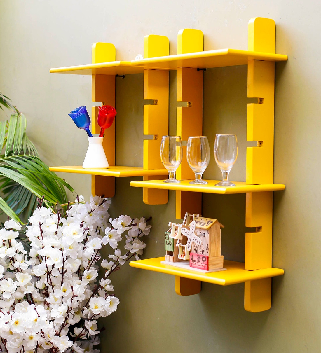 Buy Engineered Wood Ladder Floating Wall Shelf in Yellow Colour by Online Modern