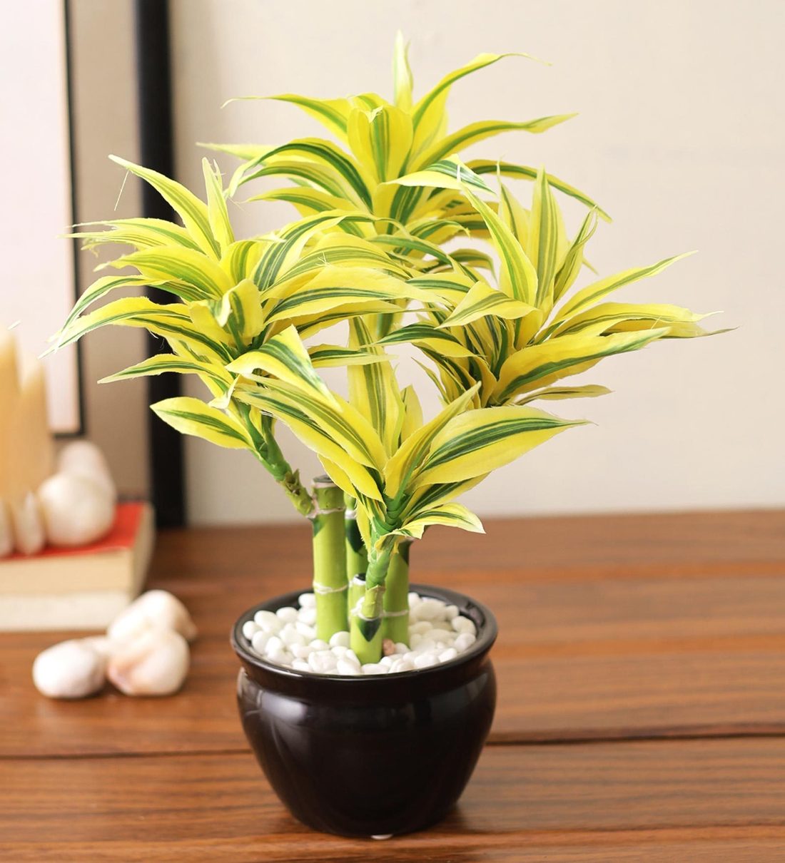 Buy Yellow Plastic Bamboo House Plant with Pot by Aapno Rajasthan