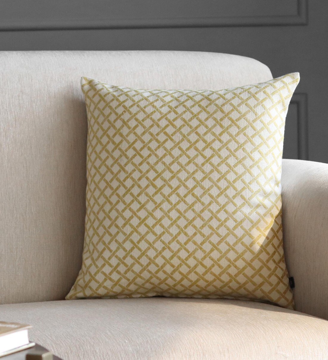 Buy Yellow Geometric Poly Cotton 16 x 16 Inches Cushion Cover by GM