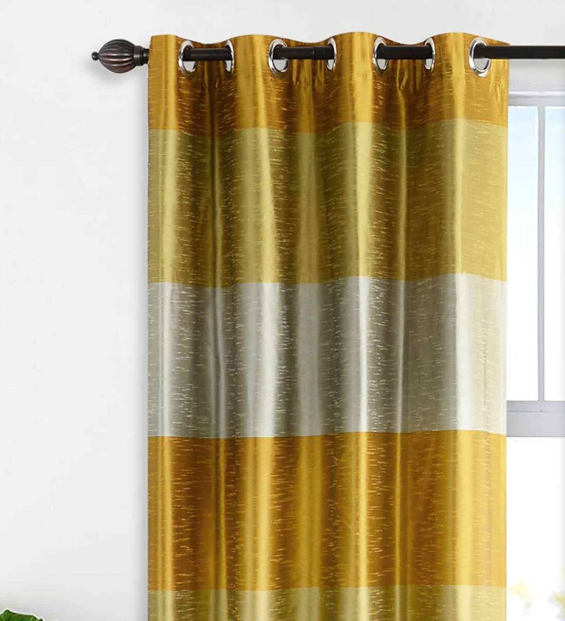 Buy Yellow Polyester Striped 5 Ft Blackout Eyelet 2 Window Curtains By