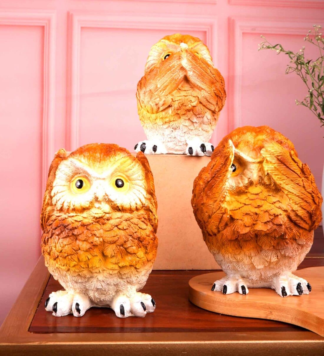 Buy Yellow Polyresin Premium Owl Figurine Set Of Three at 29 OFF by