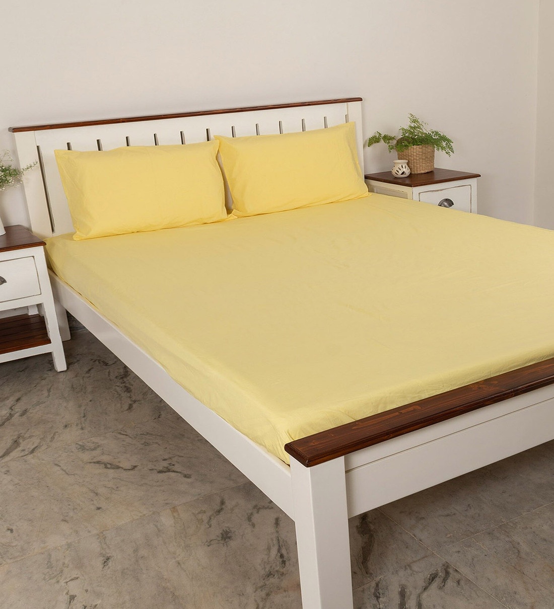 Buy Yellow Solid 210 TC Cotton Queen Sized Bed Sheets with 2 Pillow