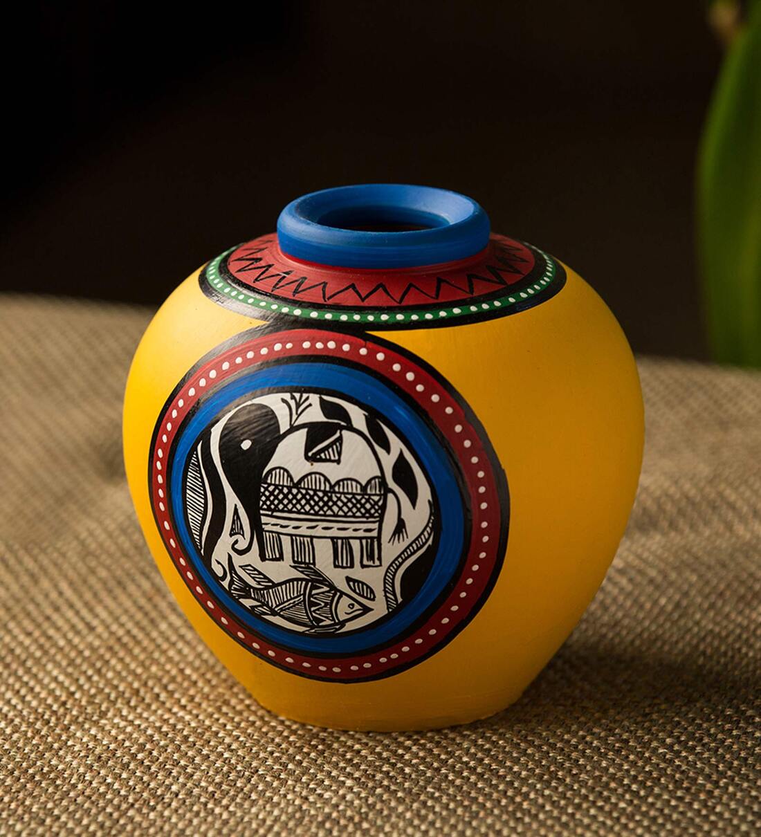 Buy Yellow Terracotta Handpainted Warli Matki Shaped Vase by