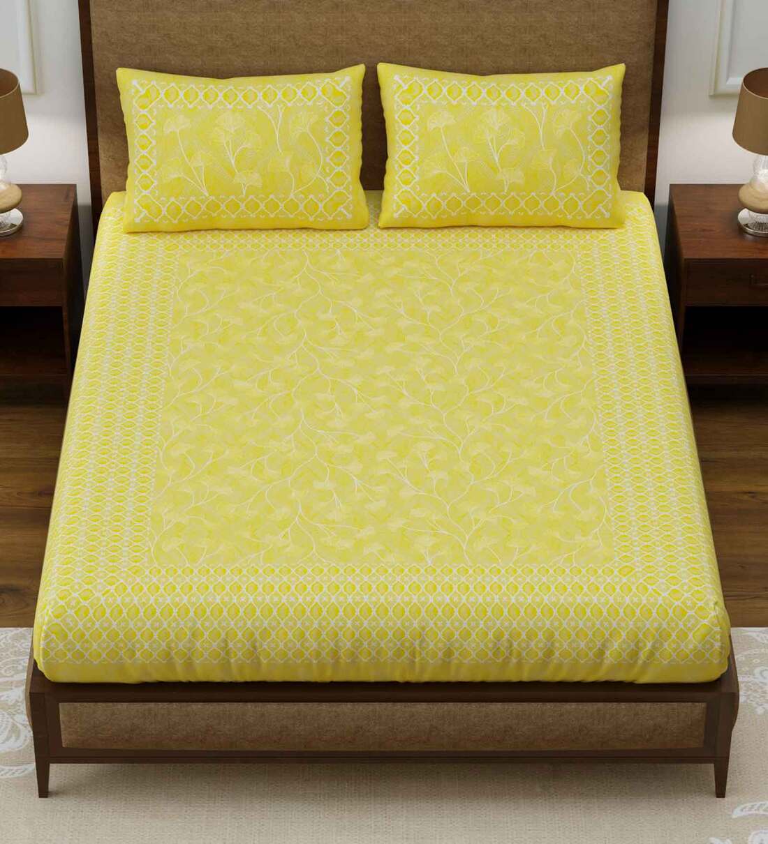Buy Yellow Floral 144 TC 100 Cotton King Sized Bed Sheets with 2