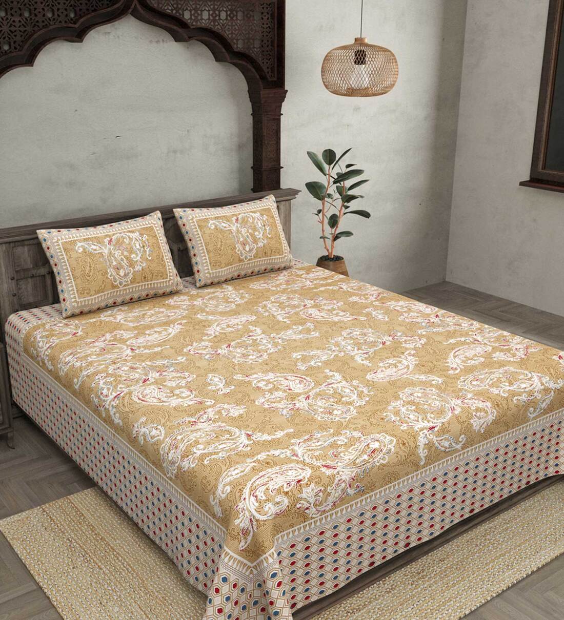 Buy Yellow Traditional 180 TC Cotton Queen Sized Bed Sheets with 2