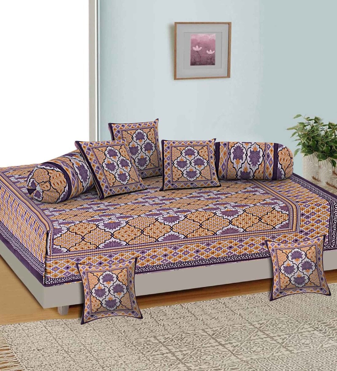 Buy Yellow Traditional Cotton 1 Bedsheet with 5 Cushions Covers and 2