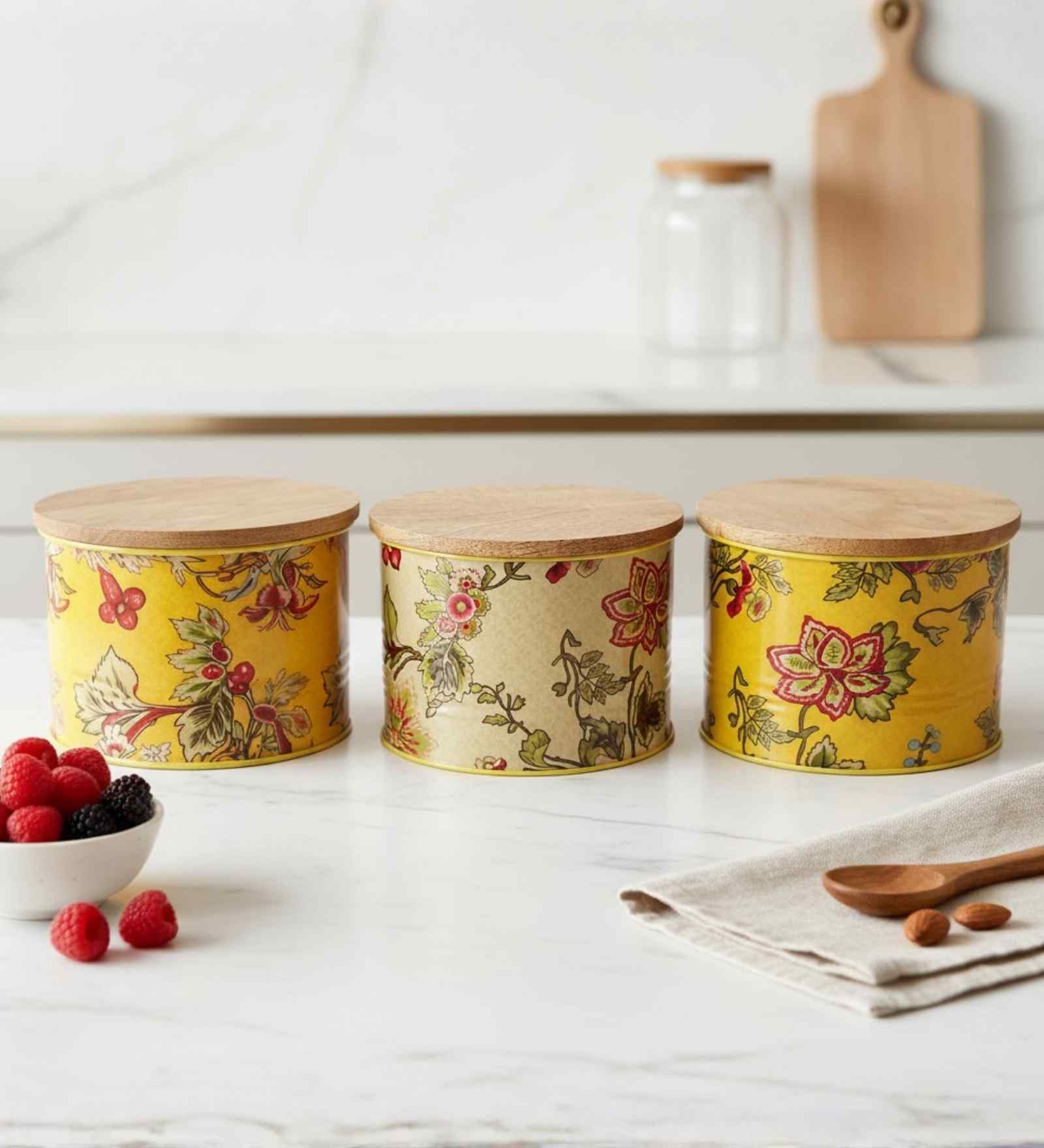 Yellow & Beige Floral Printed Metal Airtight Containers Set Of 3
