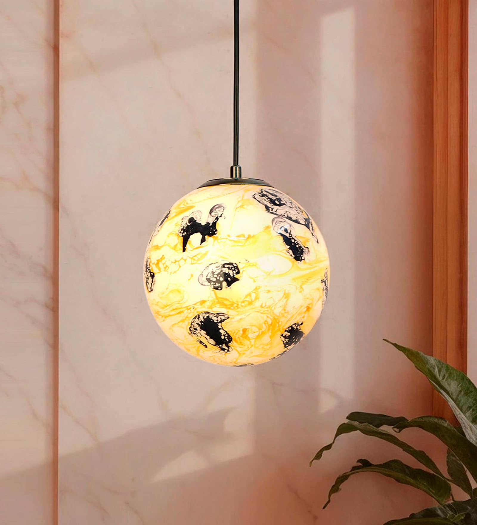 Yellow & Black Marble Pattern 8 Inch Glass Globe Pendant Light
