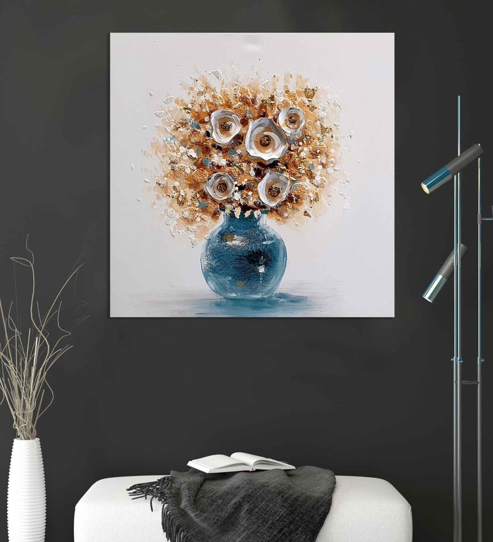 Yellow & Blue 3D Embossed Floral Original Handmade On Canvas Painting