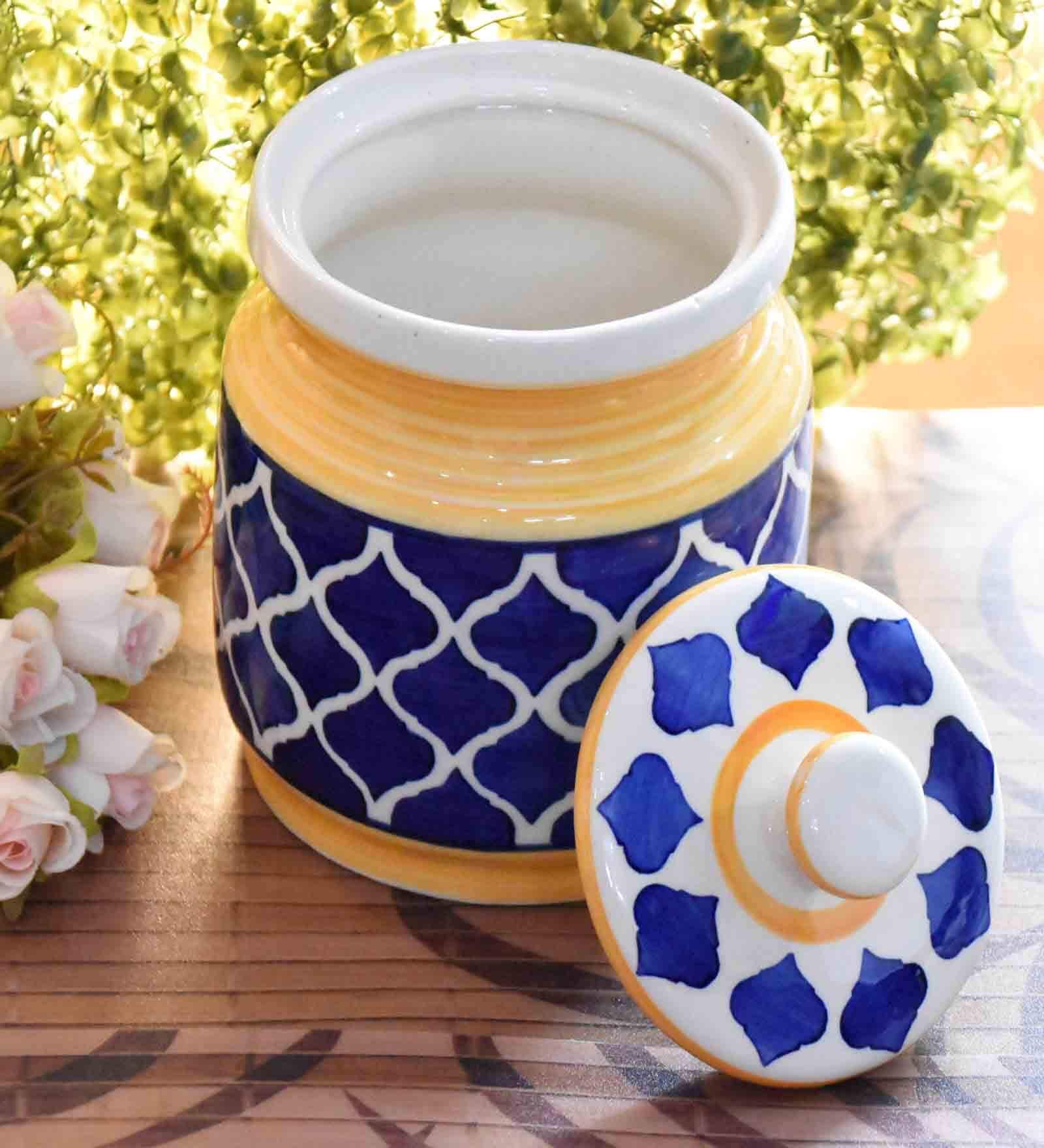Yellow & Blue Ceramic Handmade 1000 ml Handpainted Jars & Containers with Lid