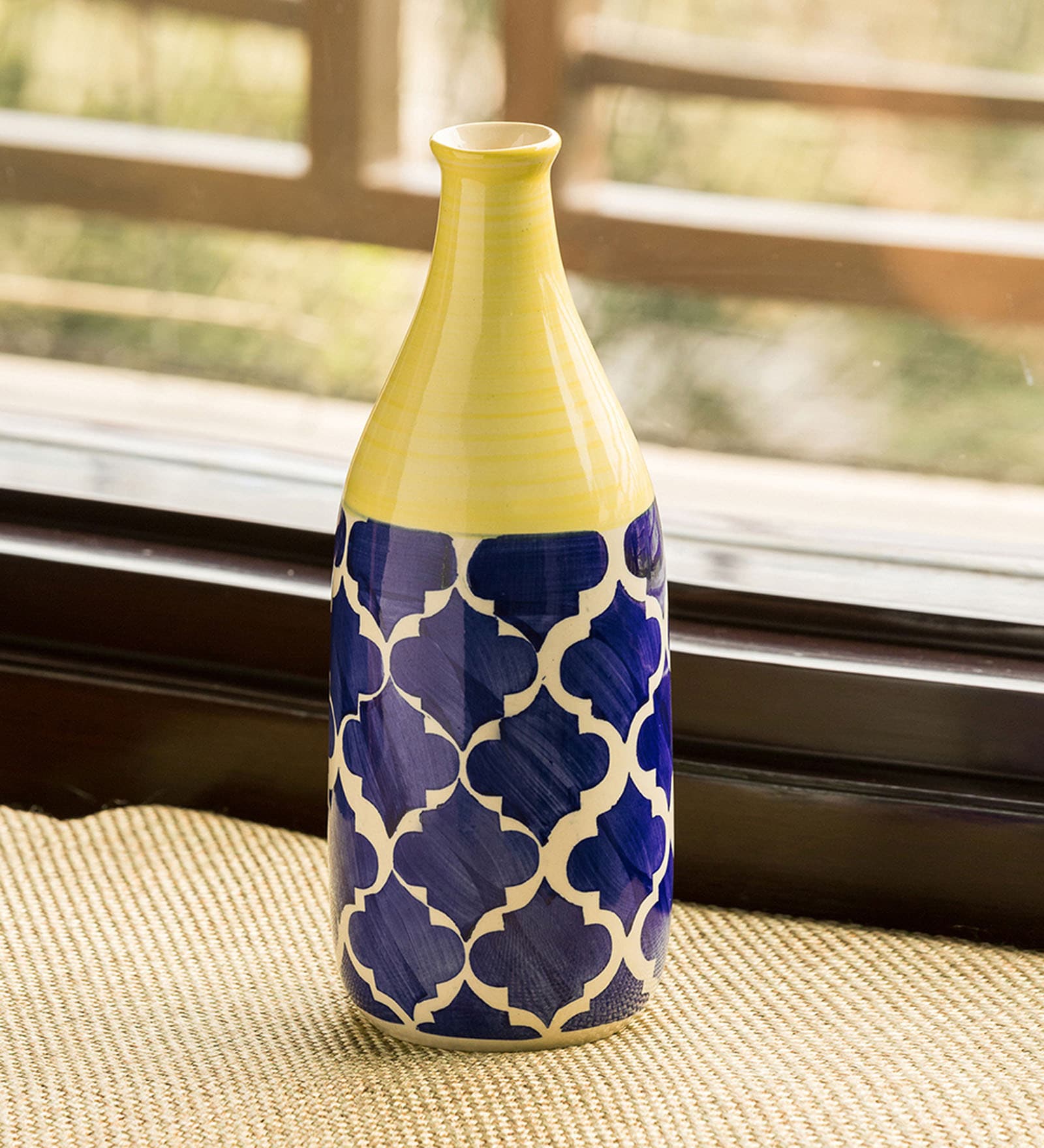 Yellow & Blue Handpainted Slender Neck Ceramic Vase